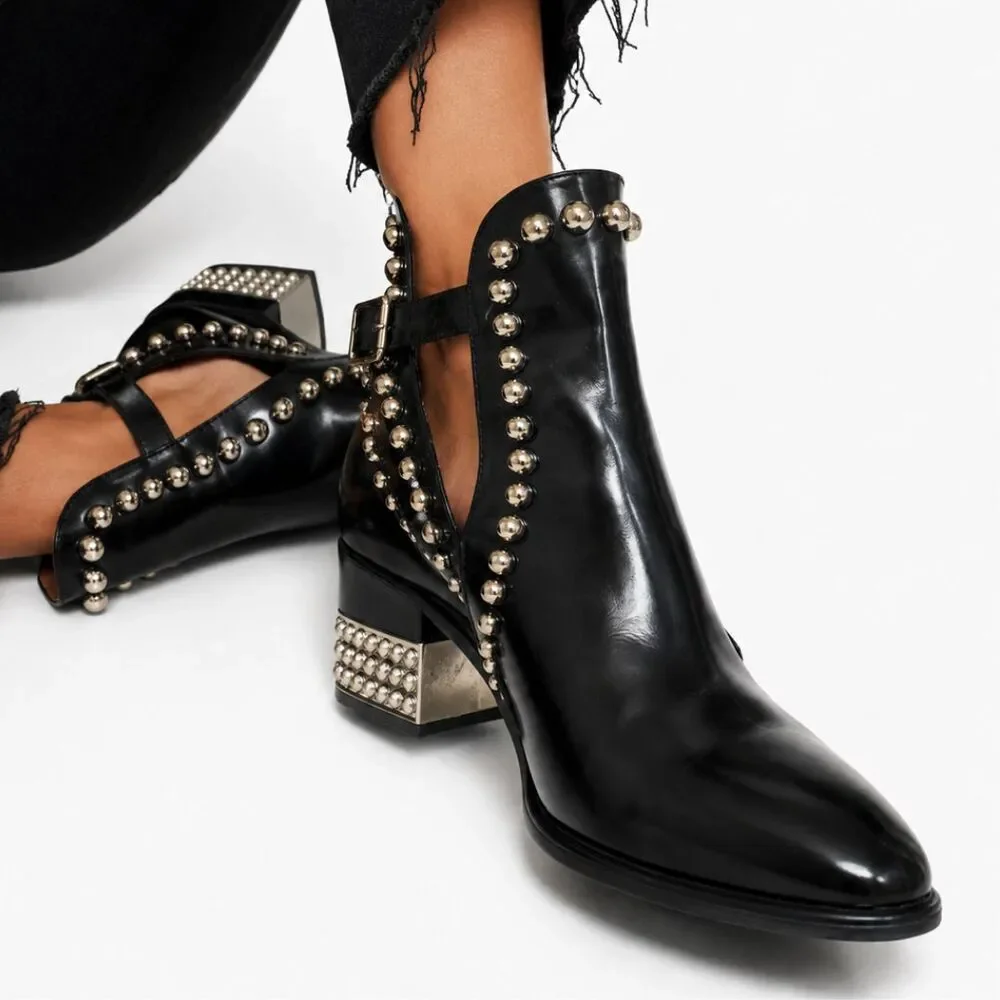 Jeffrey Campbell Rylance Boots Size 11 Black Patent Leather Studded Heels Ankle